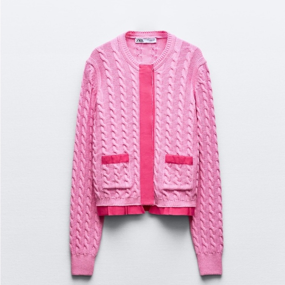 Zara Cable Knit Crewneck Cardigan in Pink